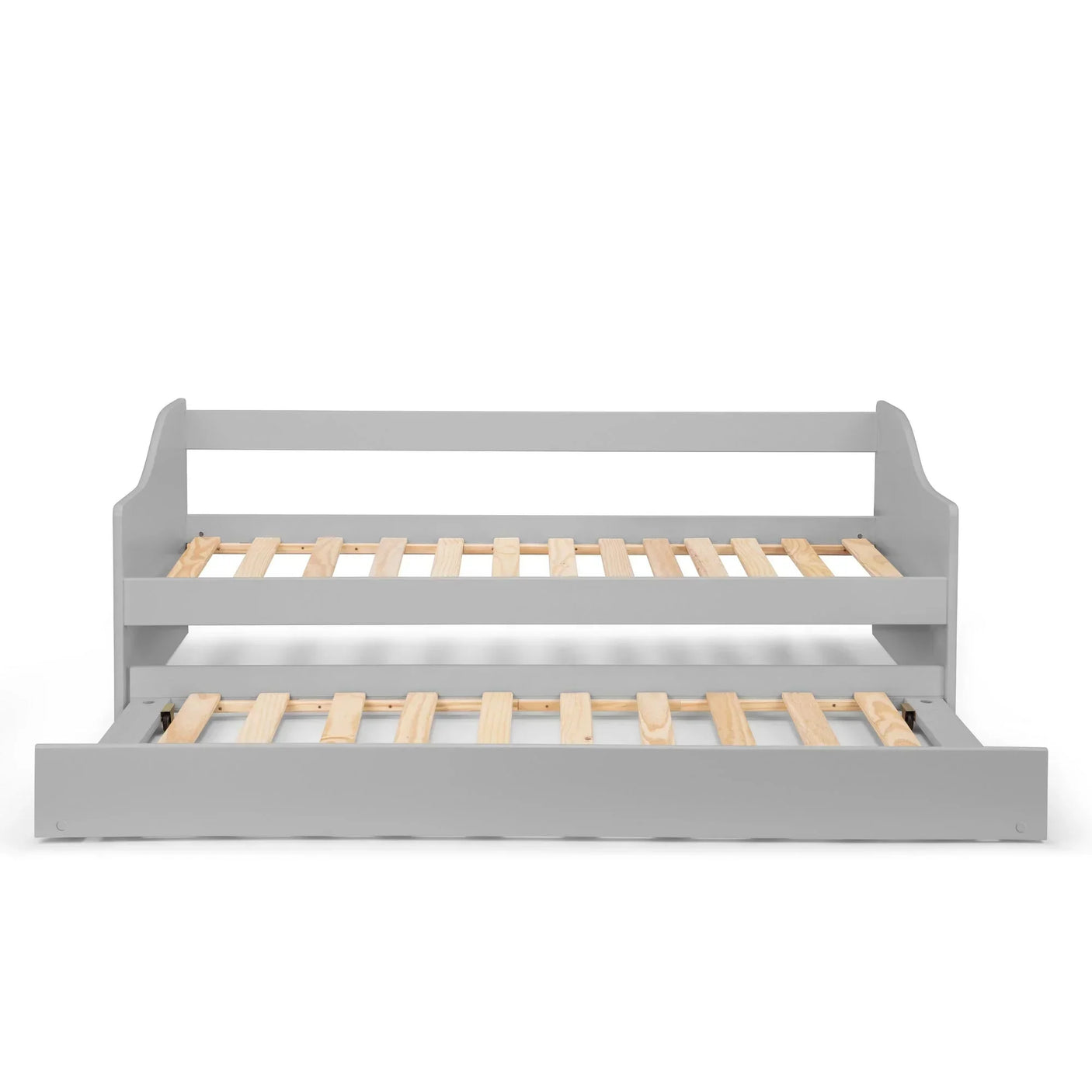 Grey wooden single daybed with pull-out trundle bed and slatted base, front view
