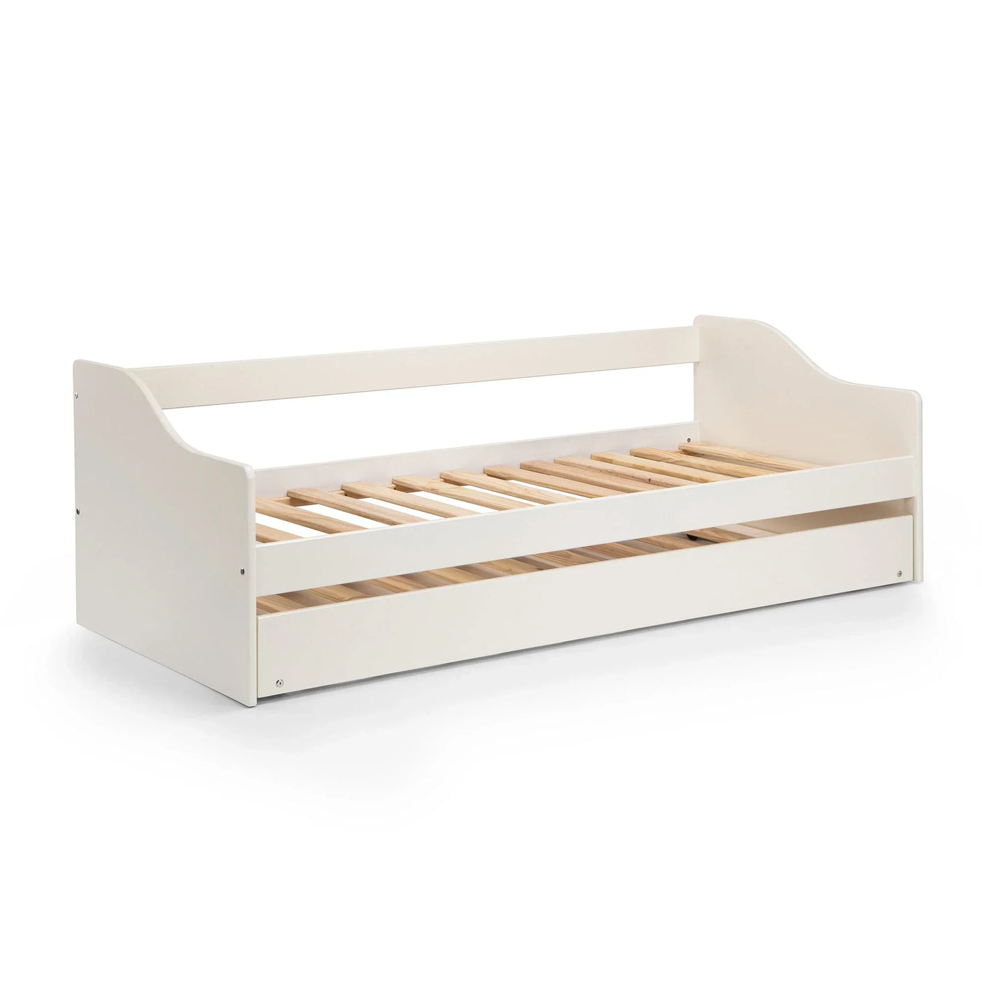 Surf white wooden single daybed frame with side panels and slatted base, angled view