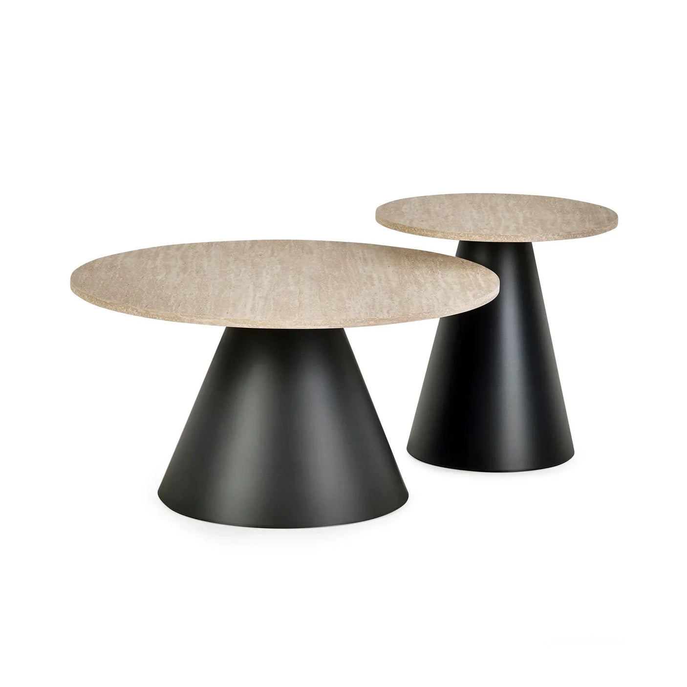 Set of two round coffee tables with stone tops and black cone-shaped bases on white background