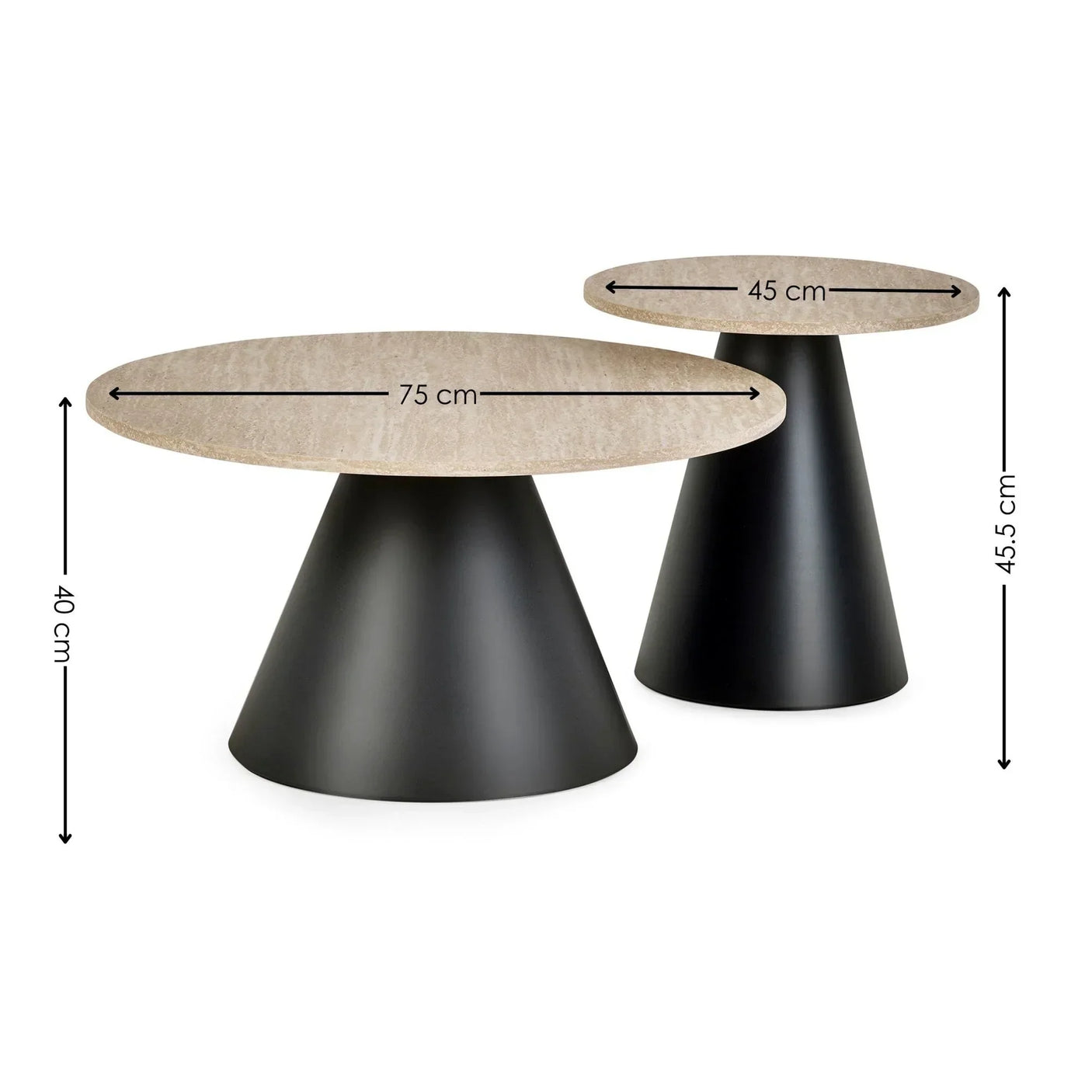 Set of two round coffee tables with black conical bases and light wood tops, size details shown
