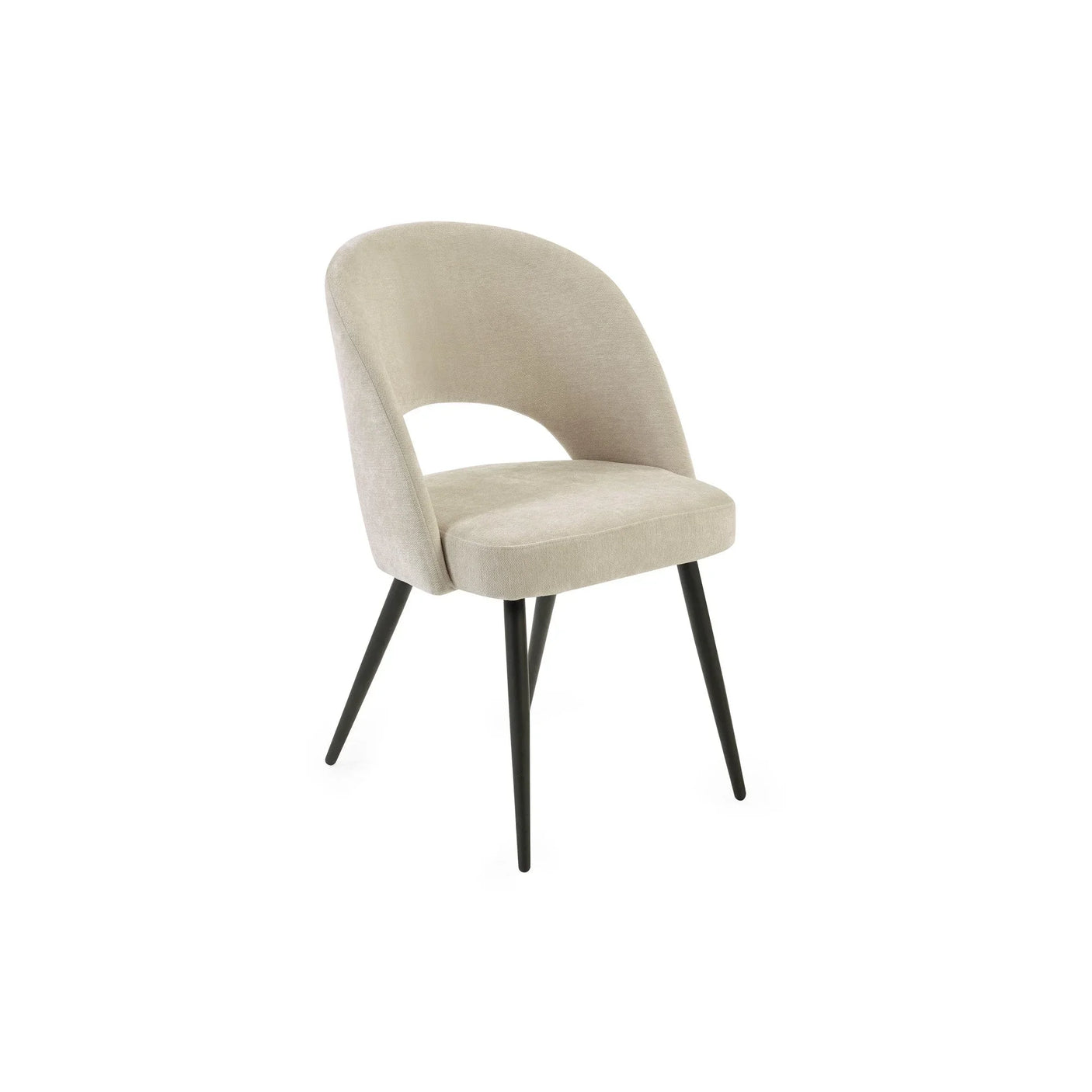 Beige upholstered dining chair with curved back and black tapered legs on white background