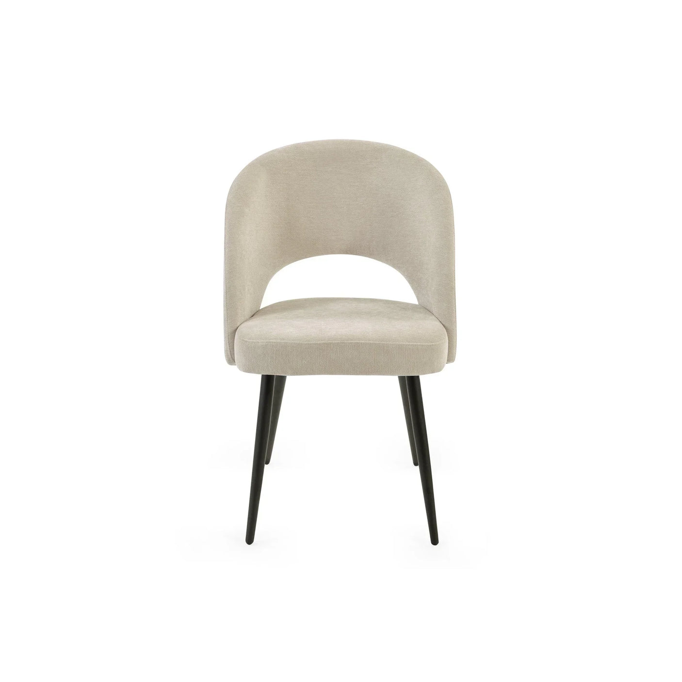 Beige upholstered dining chair with curved backrest and black tapered metal legs, front view
