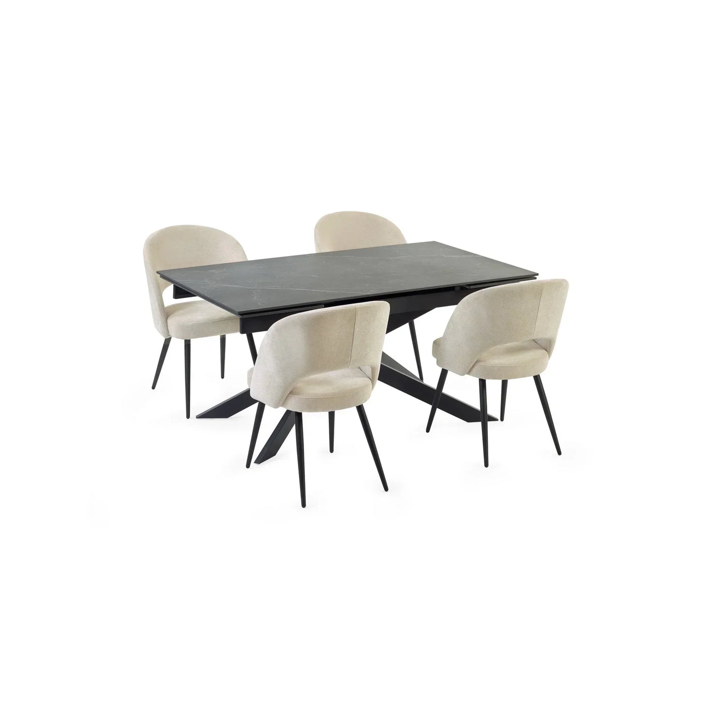 Rectangular black dining table with four cream upholstered chairs and angled legs