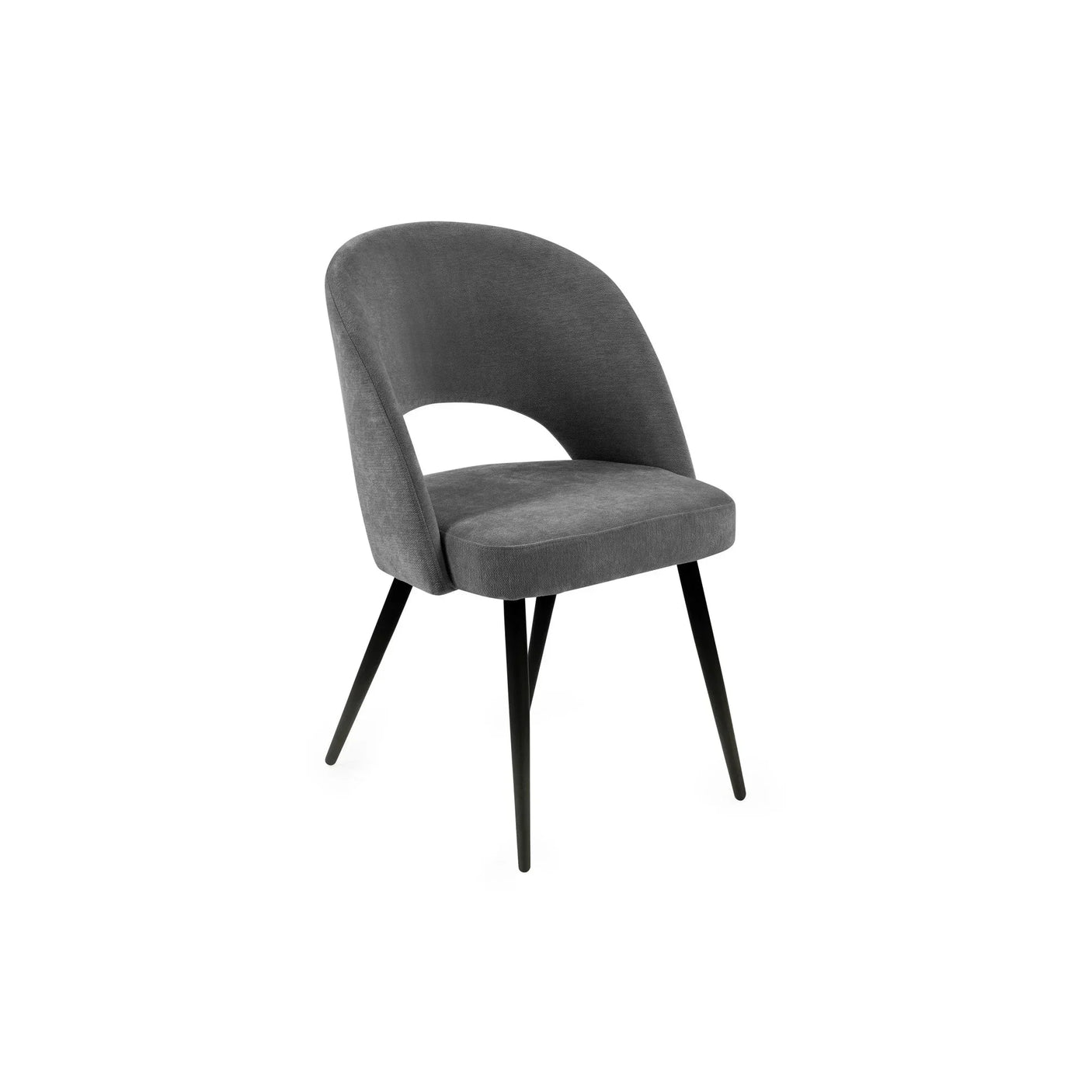 Grey velvet dining chair with curved backrest and black metal legs
