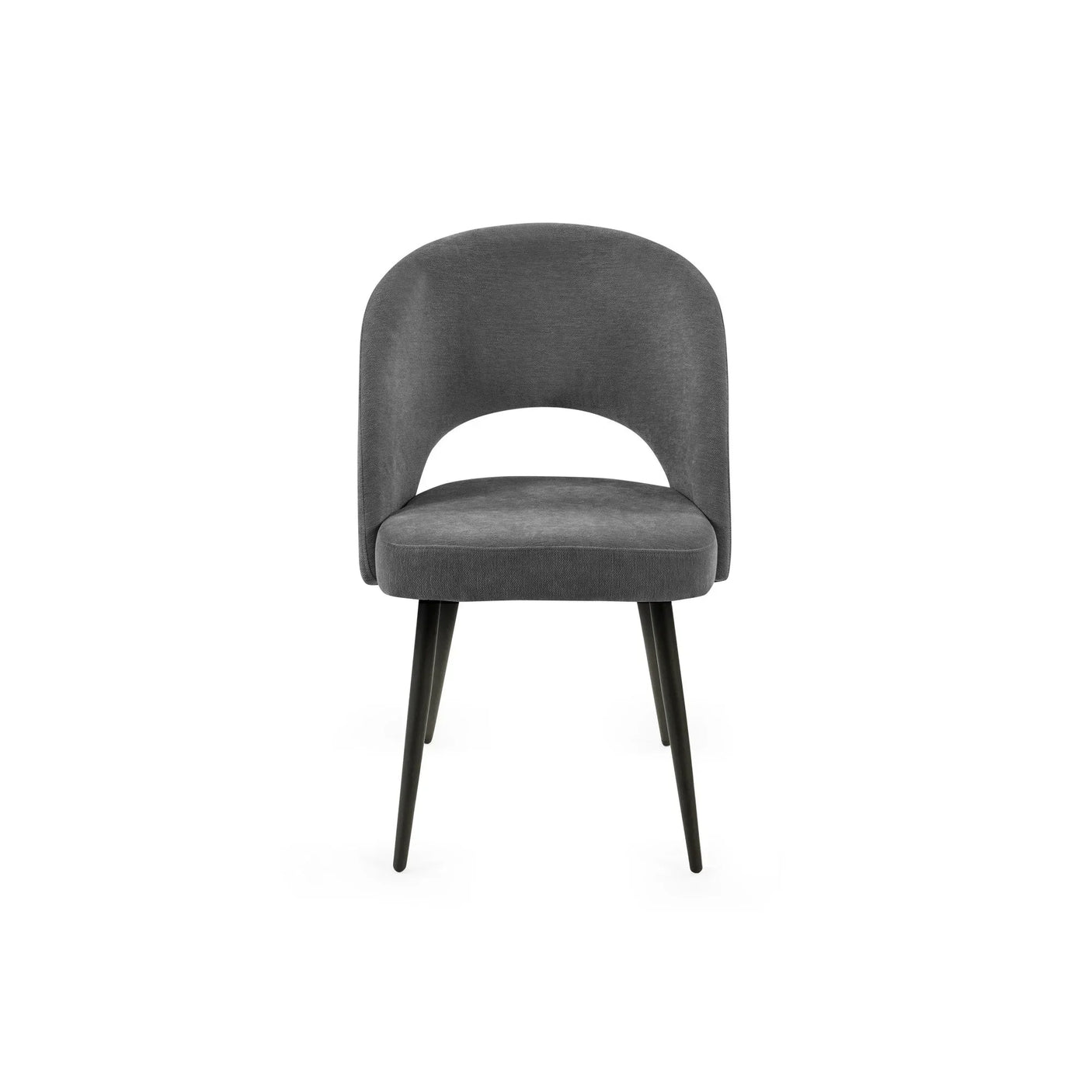 Grey velvet dining chair with curved backrest and black metal legs, front view