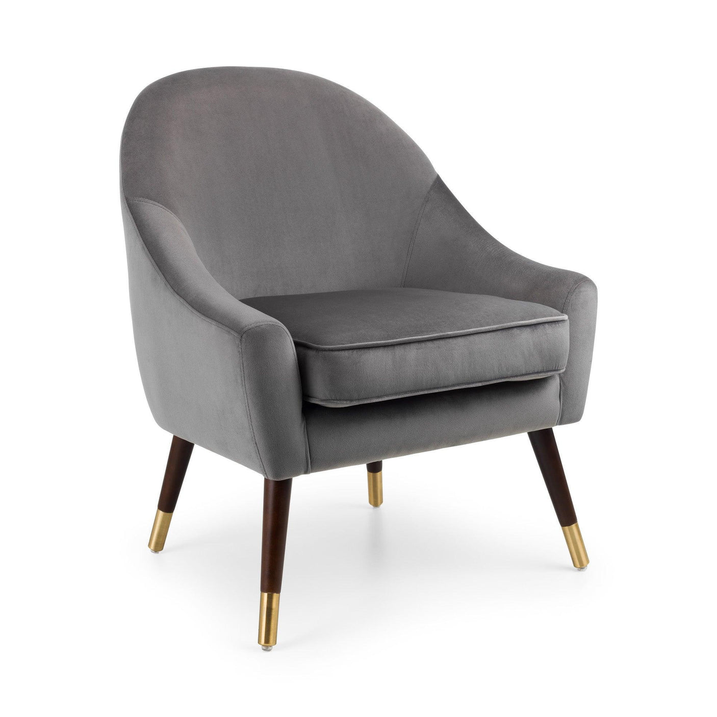 Grey velvet armchair with curved back, cushioned seat and dark wood legs with brass tips