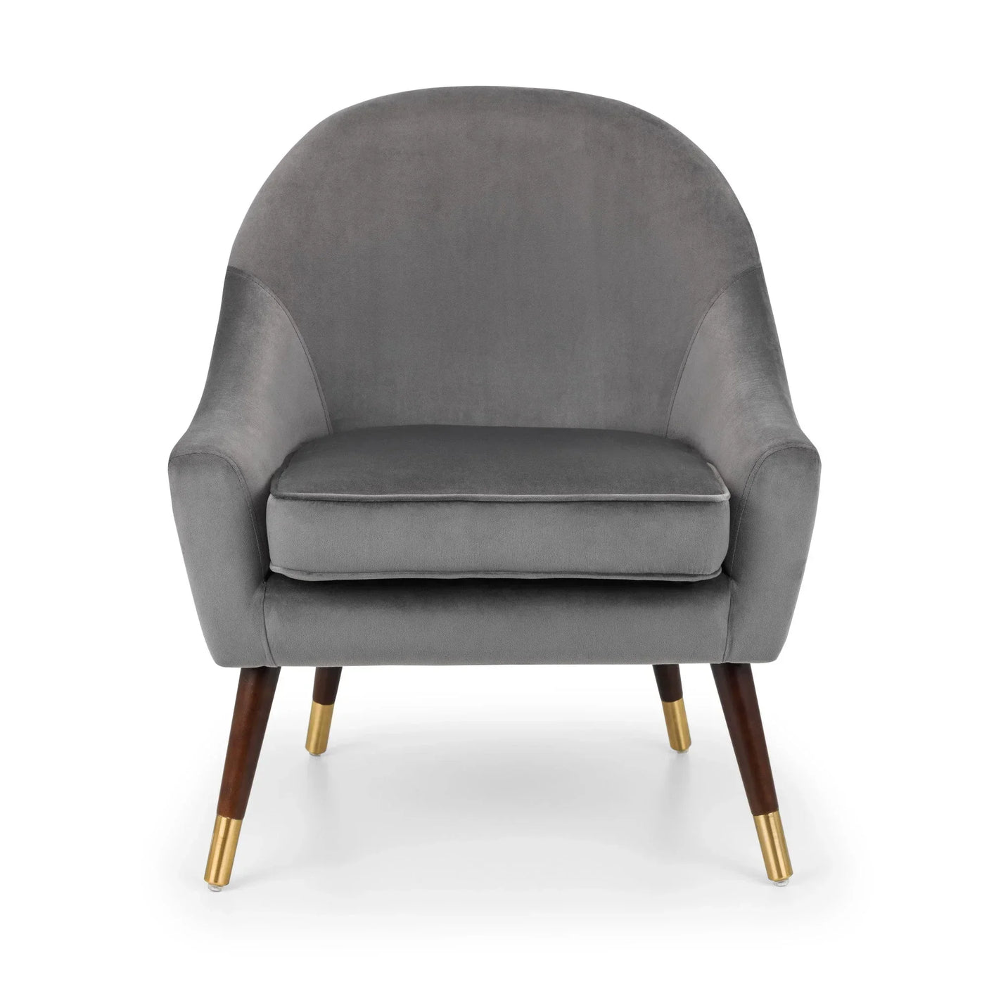 Grey velvet accent chair with curved back and gold tipped wooden legs, front view