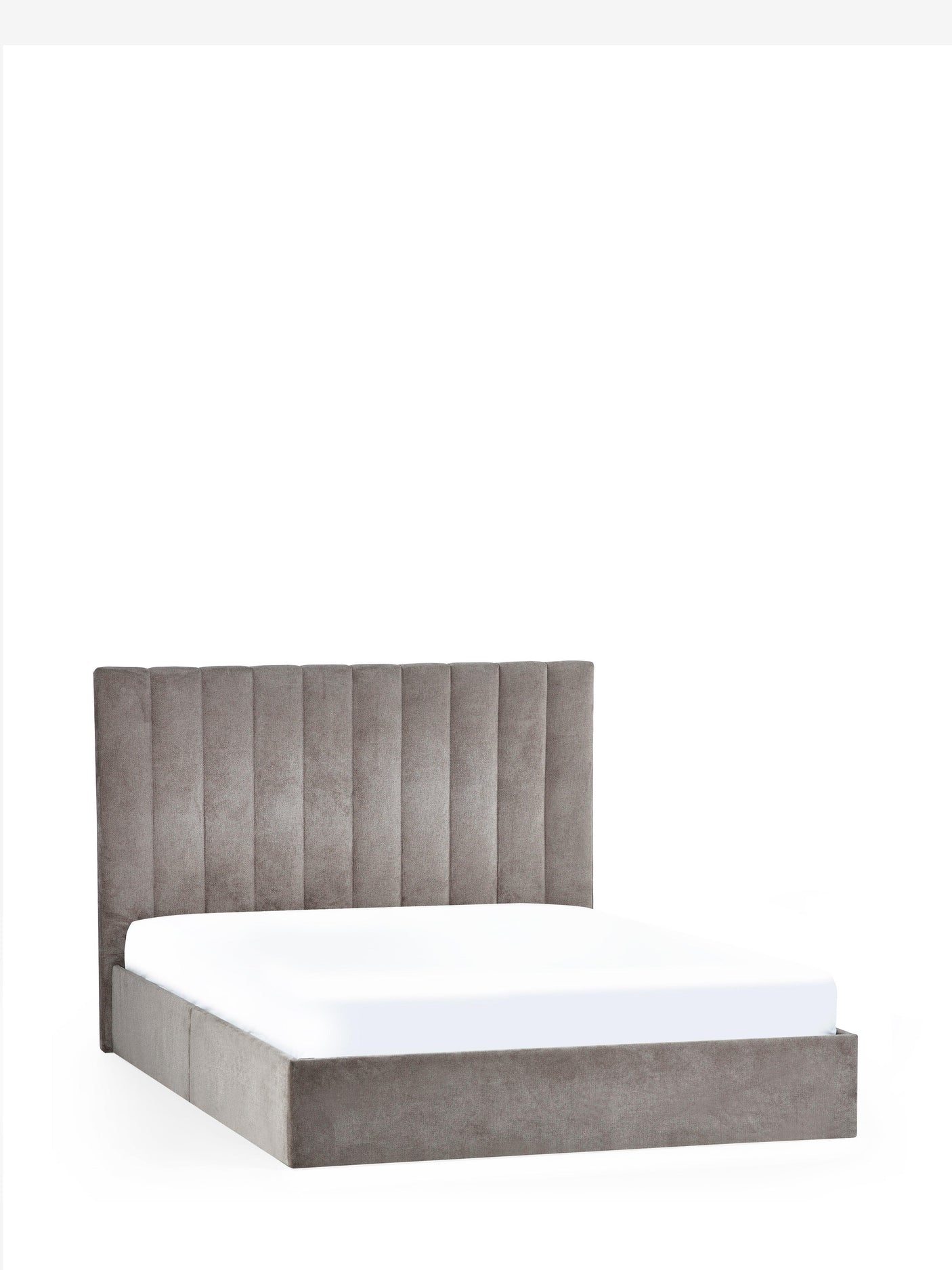 Grey upholstered double bed with tall vertical panel headboard on white background
