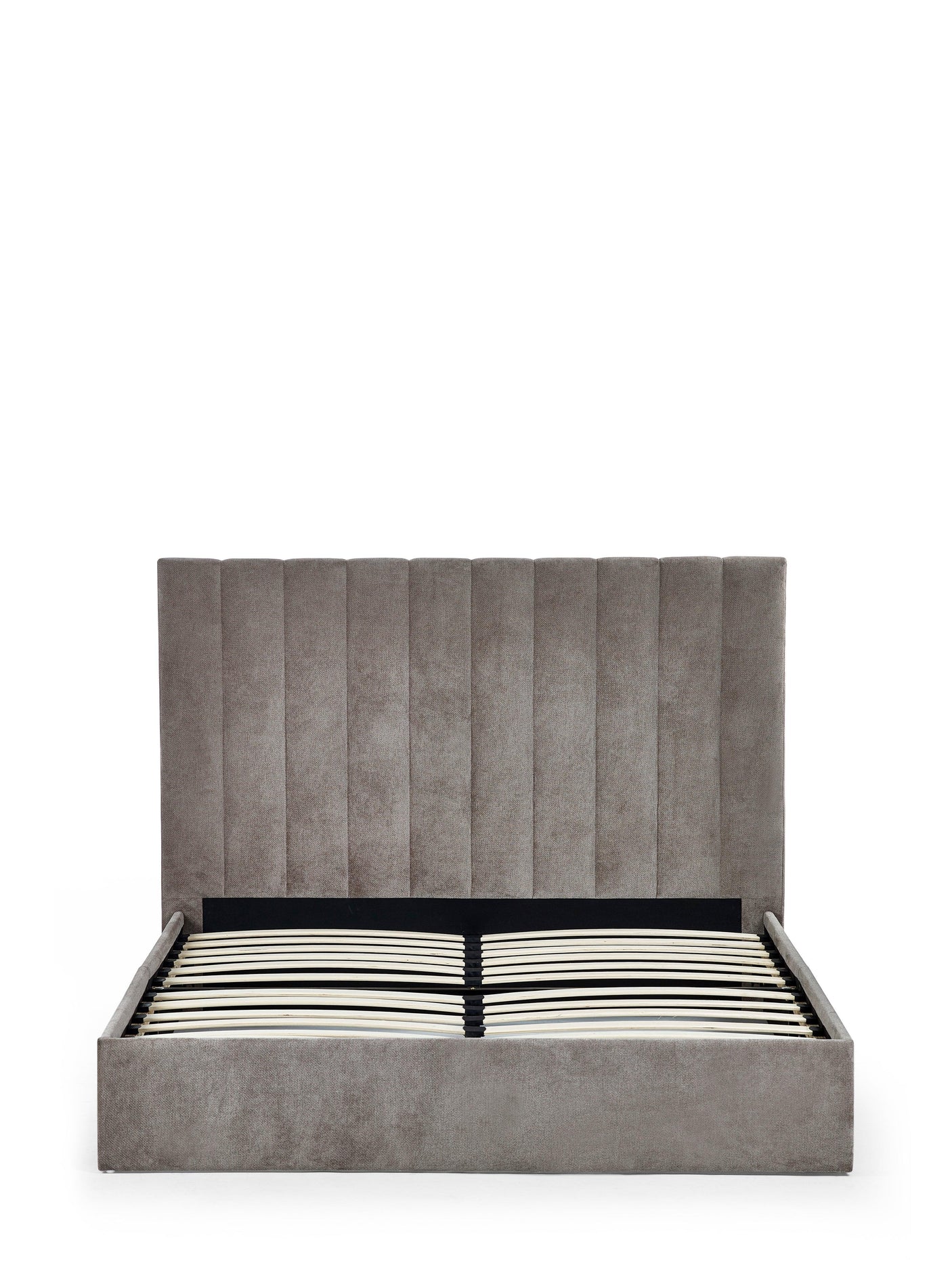Grey upholstered double bed frame with vertical panel headboard and wooden slats