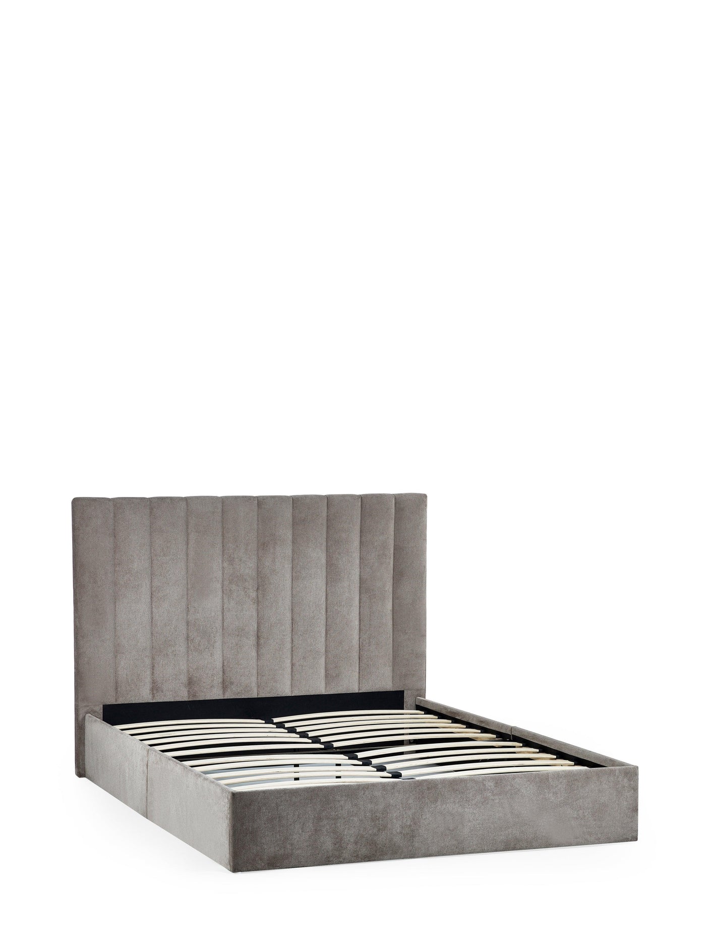 Grey upholstered double bed frame with vertical panel headboard and slatted base