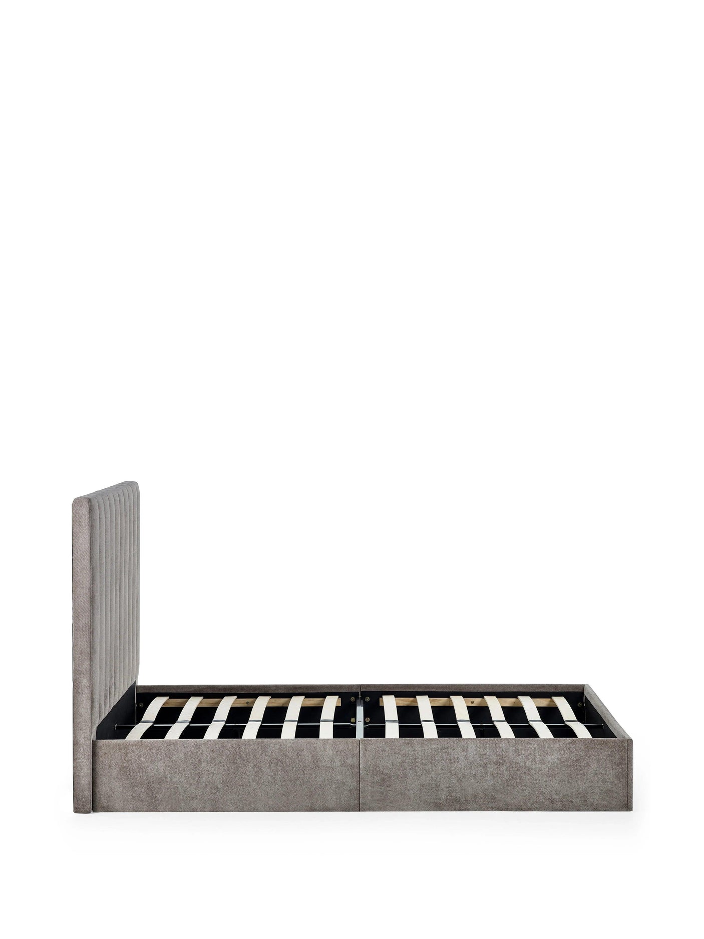Grey upholstered double bed frame with vertical stitched headboard and wooden slats