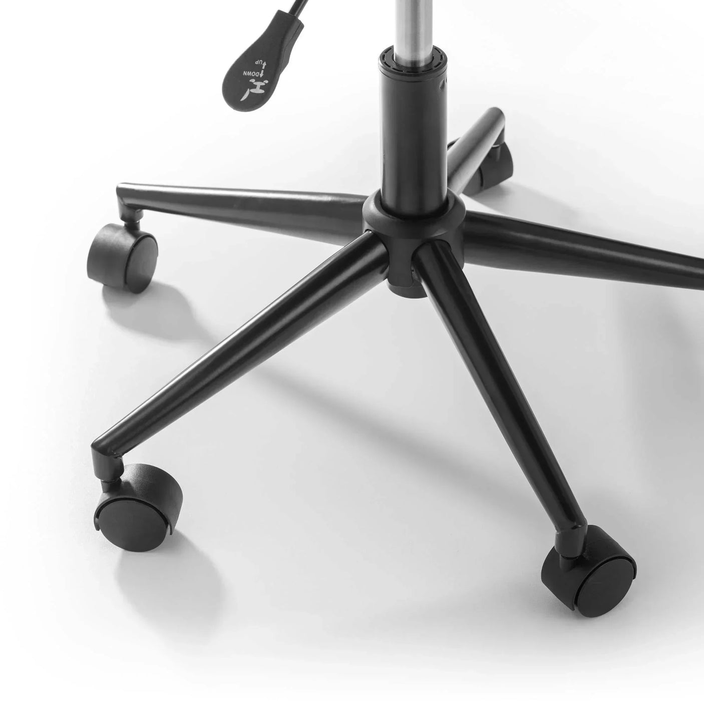 Black office chair base with five wheels and adjustable lever on white background