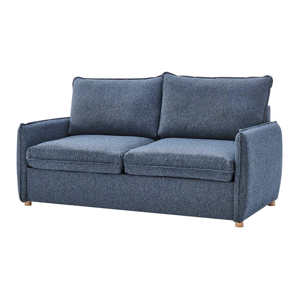 Blue fabric two seater sofa with padded seat and back cushions, wooden feet, front view