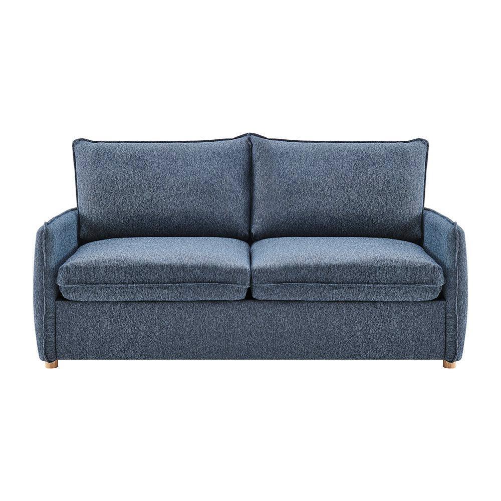 Blue fabric two seater sofa with plush cushions, front view