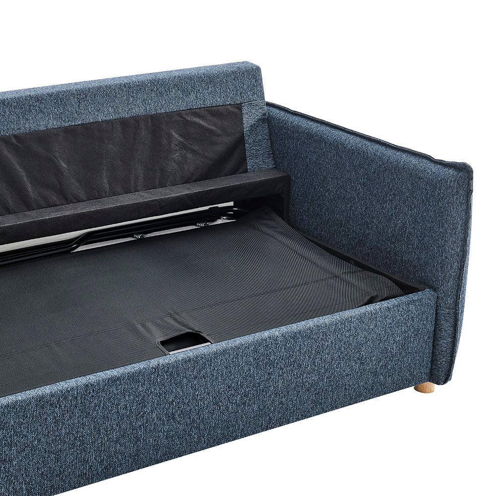 Blue fabric sofa bed with open storage compartment and wooden feet