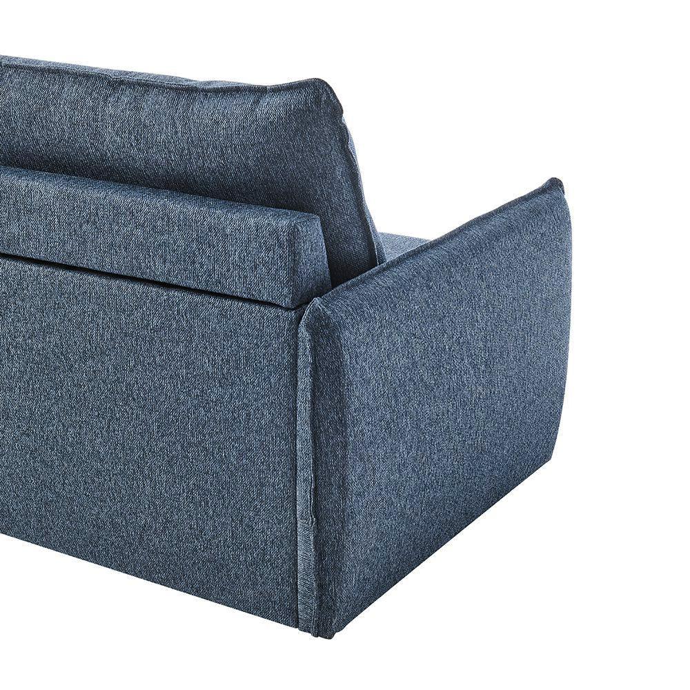 Rear angle of blue fabric sofa arm and backrest detail