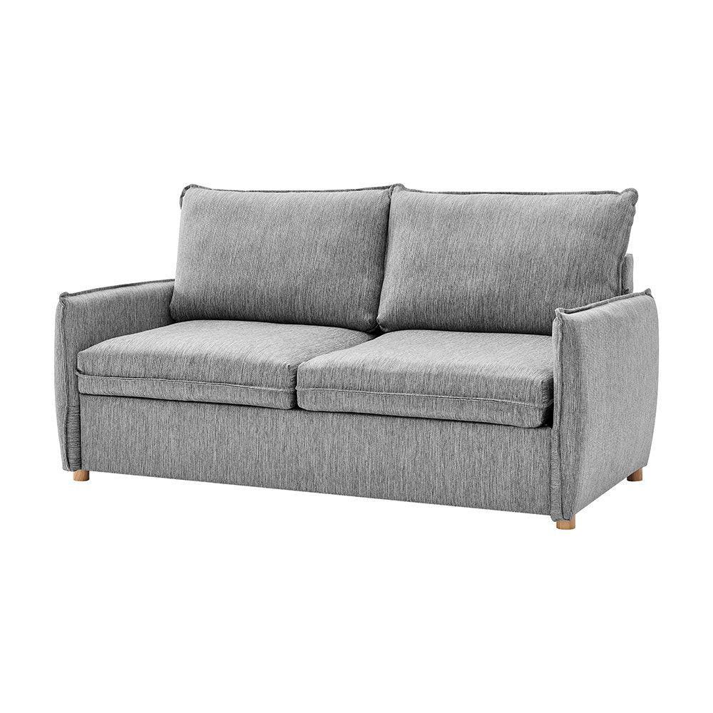 Grey fabric sofa bed with two seat cushions and wooden feet, front view