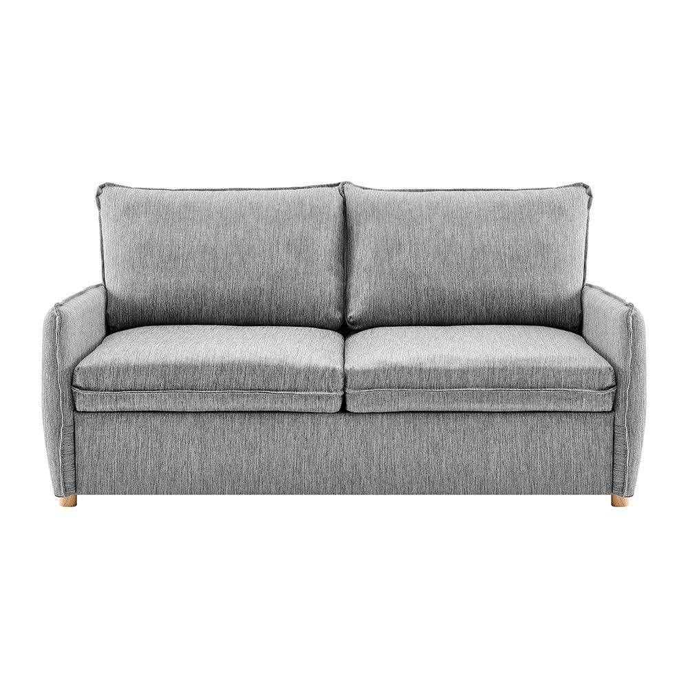 Grey fabric sofa with two seat cushions and two back cushions, front view
