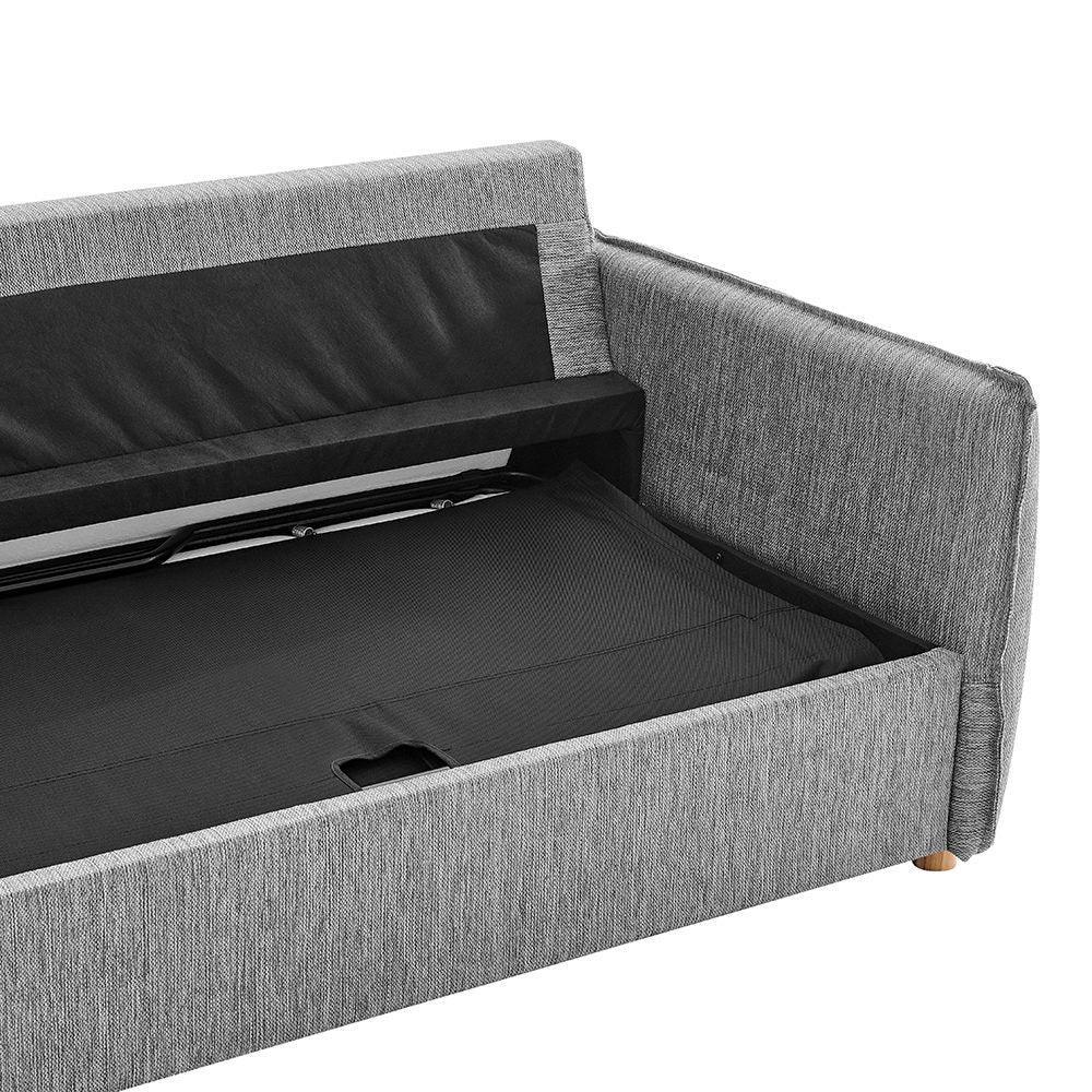 Grey fabric sofa bed with open storage compartment and angled armrests