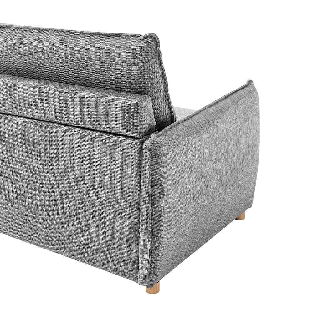 Back and side view of grey fabric sofa with wooden legs