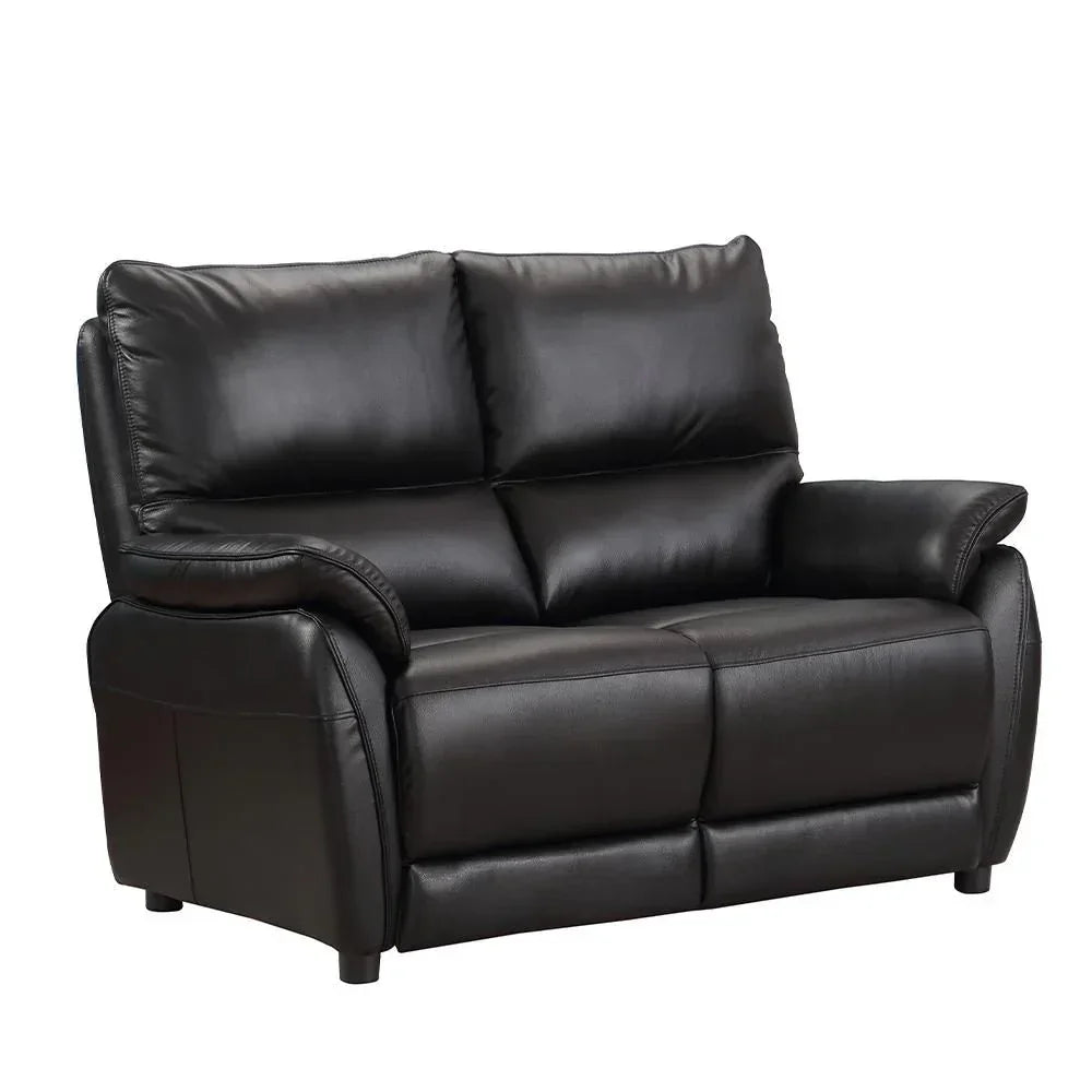 Black leather sofa with padded cushions and armrests on white background