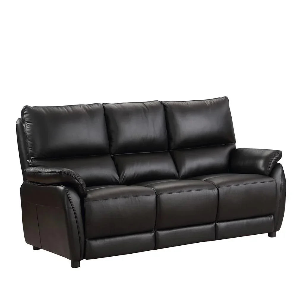 Black leather sofa with padded cushions and armrests, three seat modern living room furniture