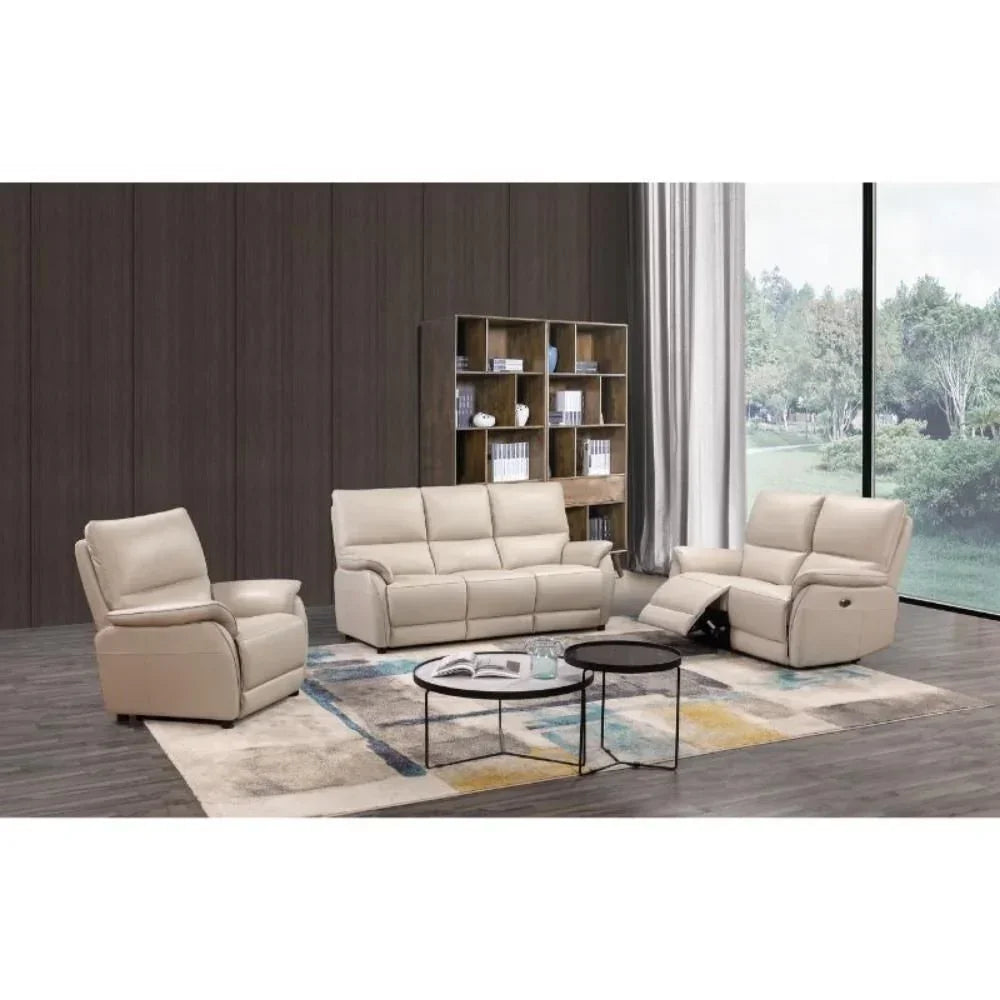 Beige leather recliner sofa set with matching chairs on patterned rug in modern living room