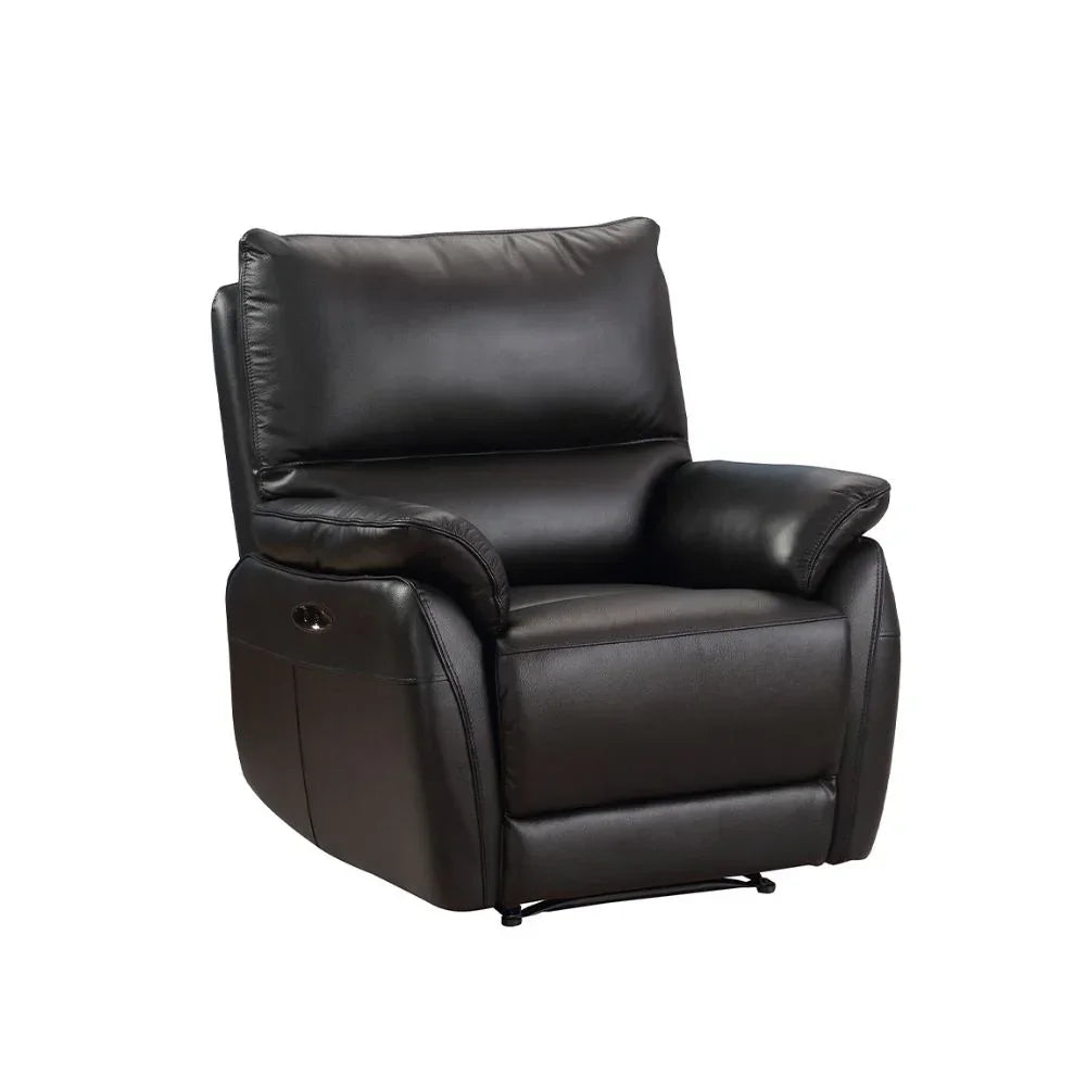 Black leather recliner armchair with padded seat and cushioned backrest on white background