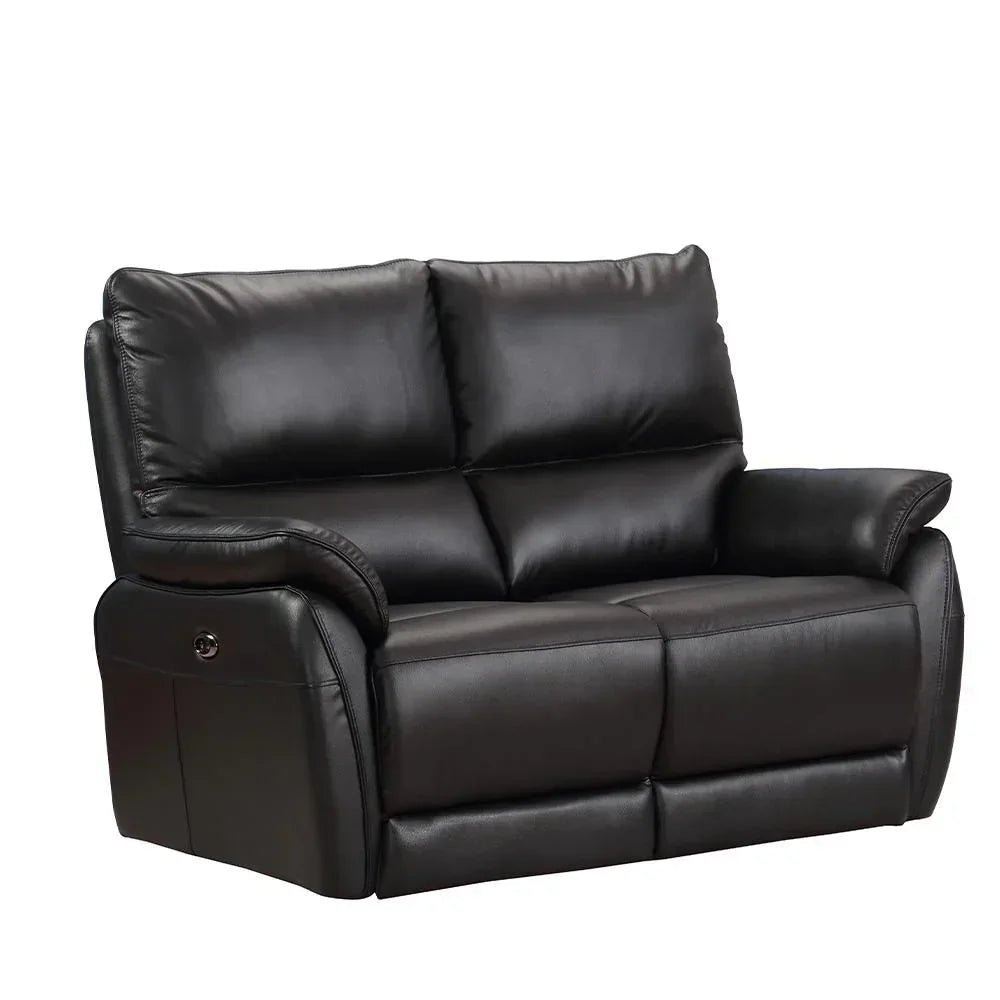 Black leather two seater recliner sofa with plush cushions and padded armrests