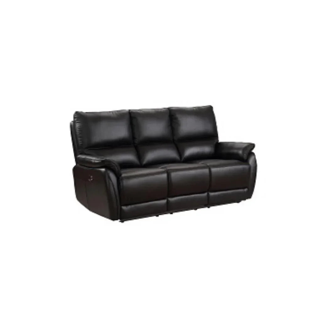 Black leather reclining sofa with padded seats and wide armrests on white background