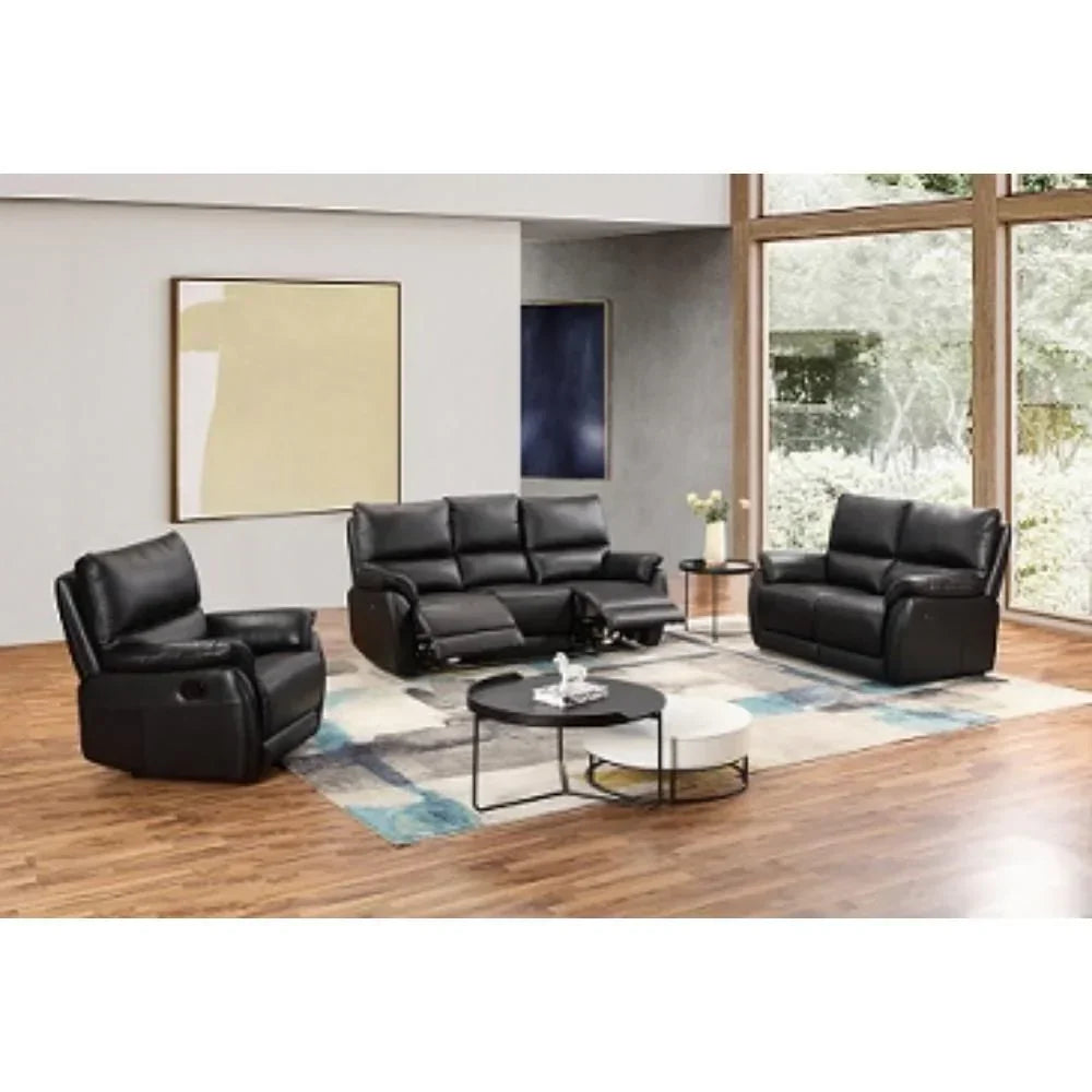 Black leather recliner sofa set with armchair and coffee tables in modern living room