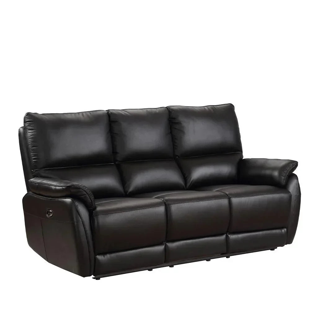 Black leather recliner sofa with padded seats and armrests on white background