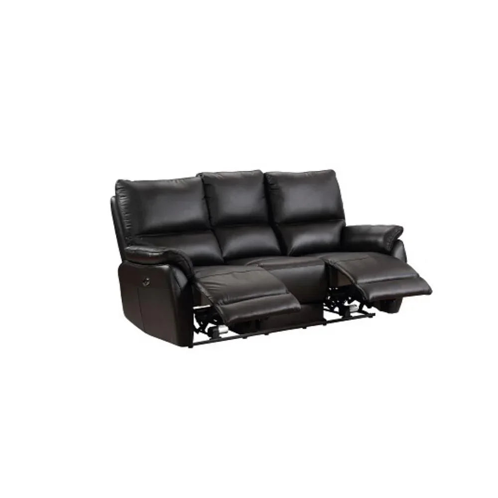 Black leather recliner sofa with two extended footrests and padded cushions