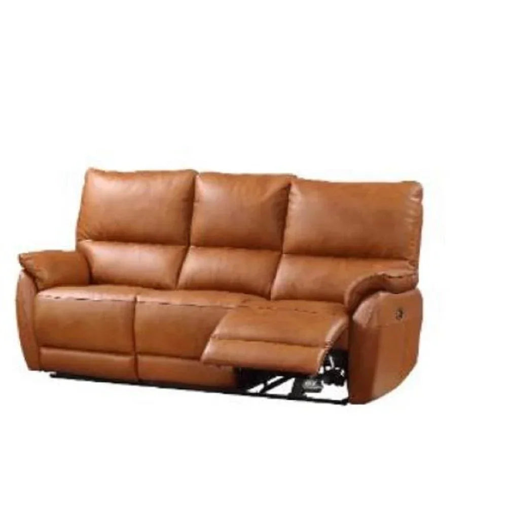 Tan leather recliner sofa with padded back and extended footrest on white background