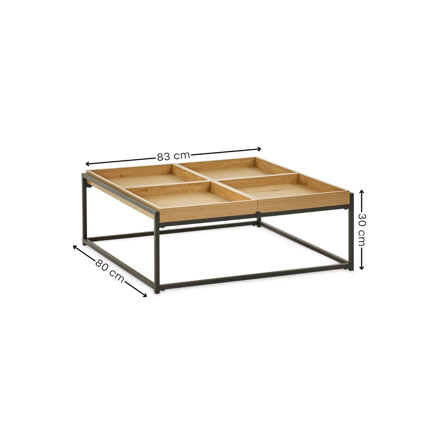 Rectangular wooden coffee table with black metal frame and measurement dimensions visible