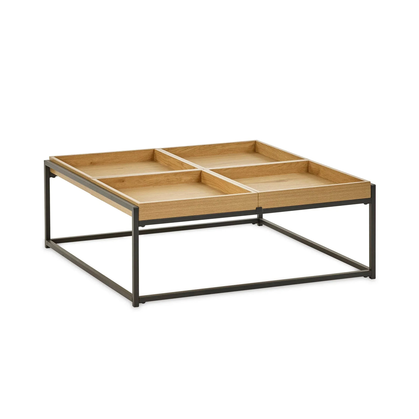 Wooden coffee table with black metal frame and tray-style top sections