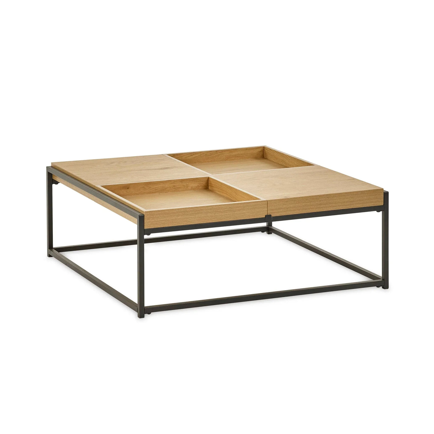 Square oak coffee table with black metal frame and raised tray top compartments
