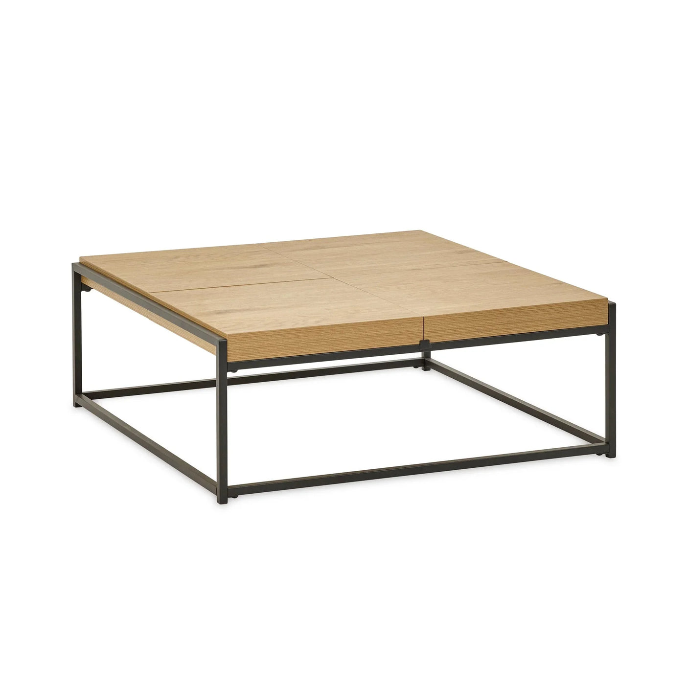 Square oak coffee table with black metal frame, modern minimalist living room furniture