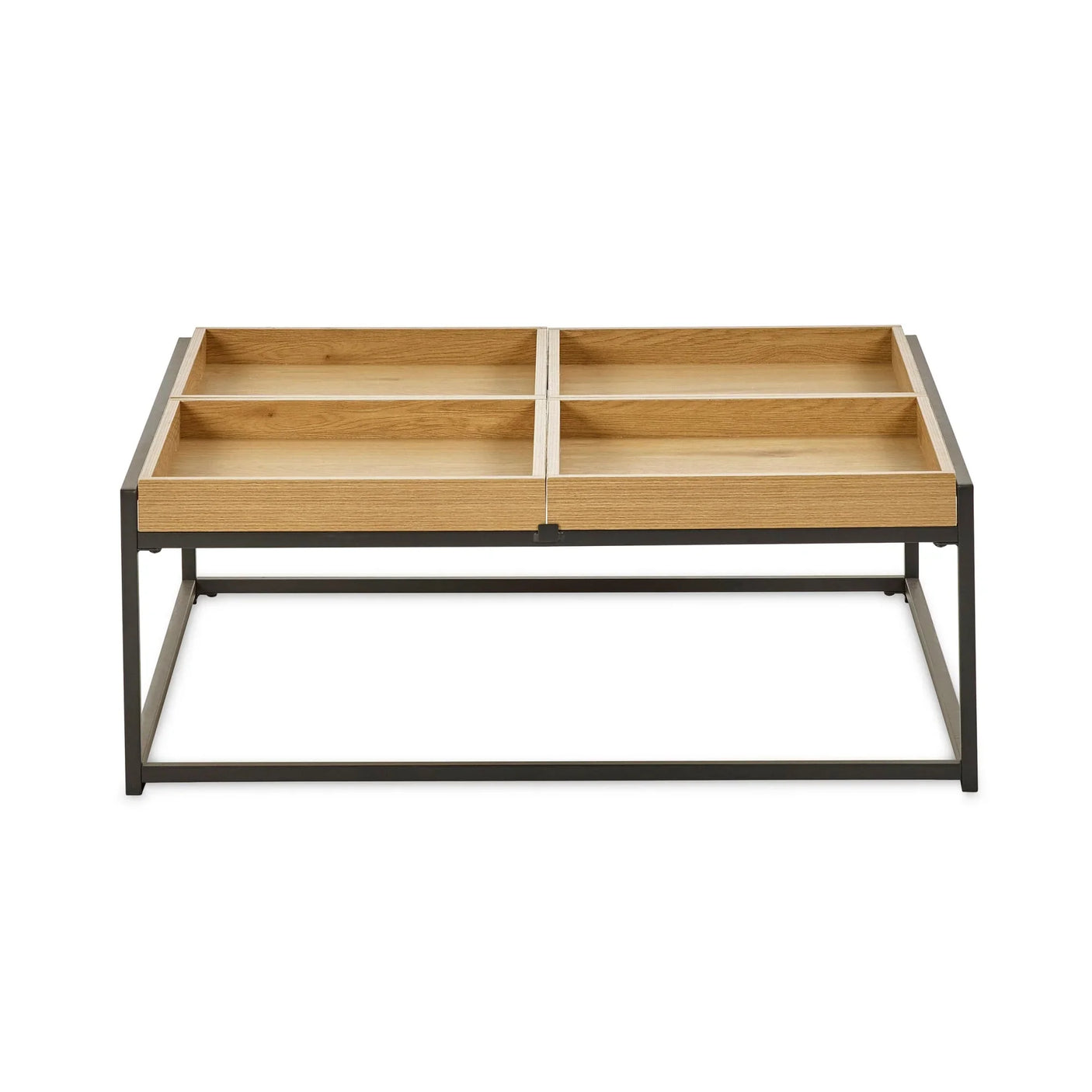 Rectangular wooden coffee table with storage sections and black metal frame, front view