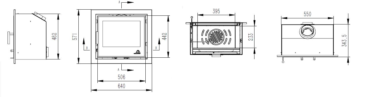 Technical drawing of a appliance with dimensions