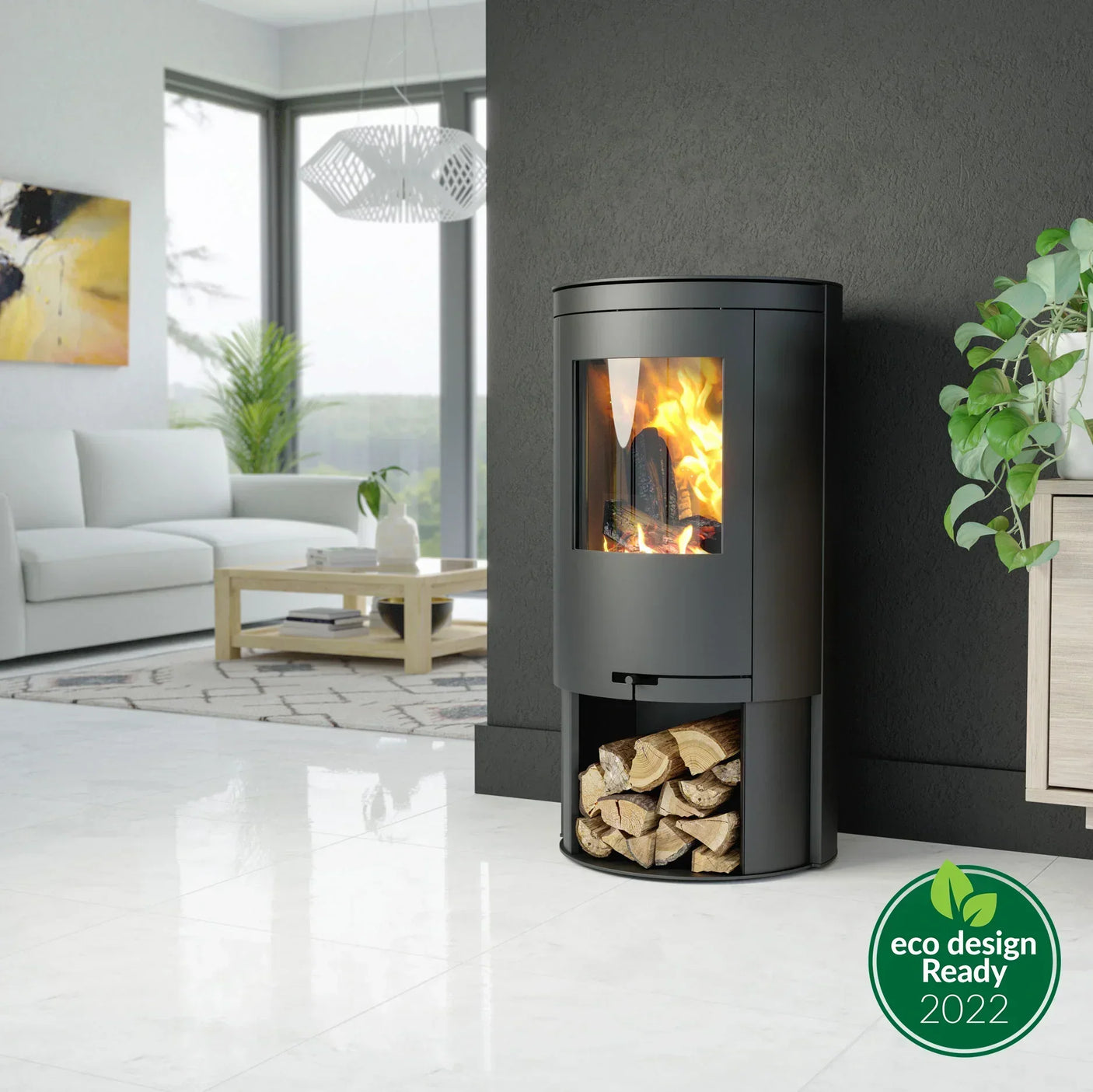 Modern wood burning stove with fire and log storage in contemporary living room