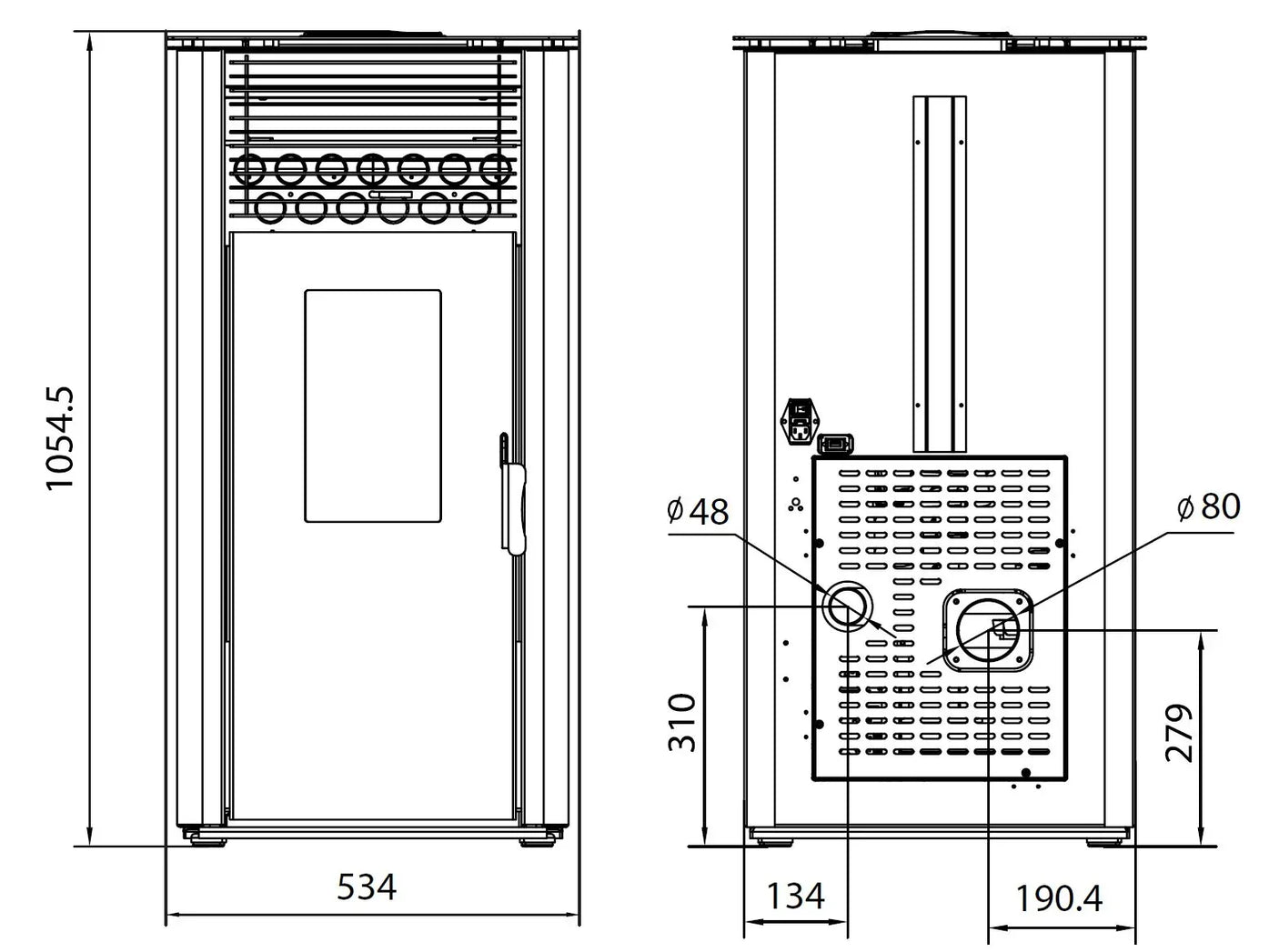 Stove technical drawing showing front and rear views with precise measurements in millimeters