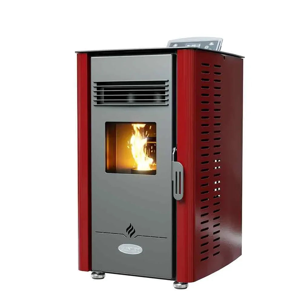 Red freestanding pellet stove with glass window showing visible flame, left side angle