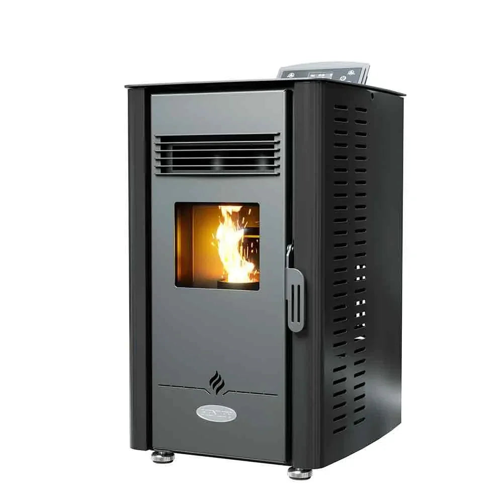 Black freestanding pellet stove with visible flame and front control panel, left side view