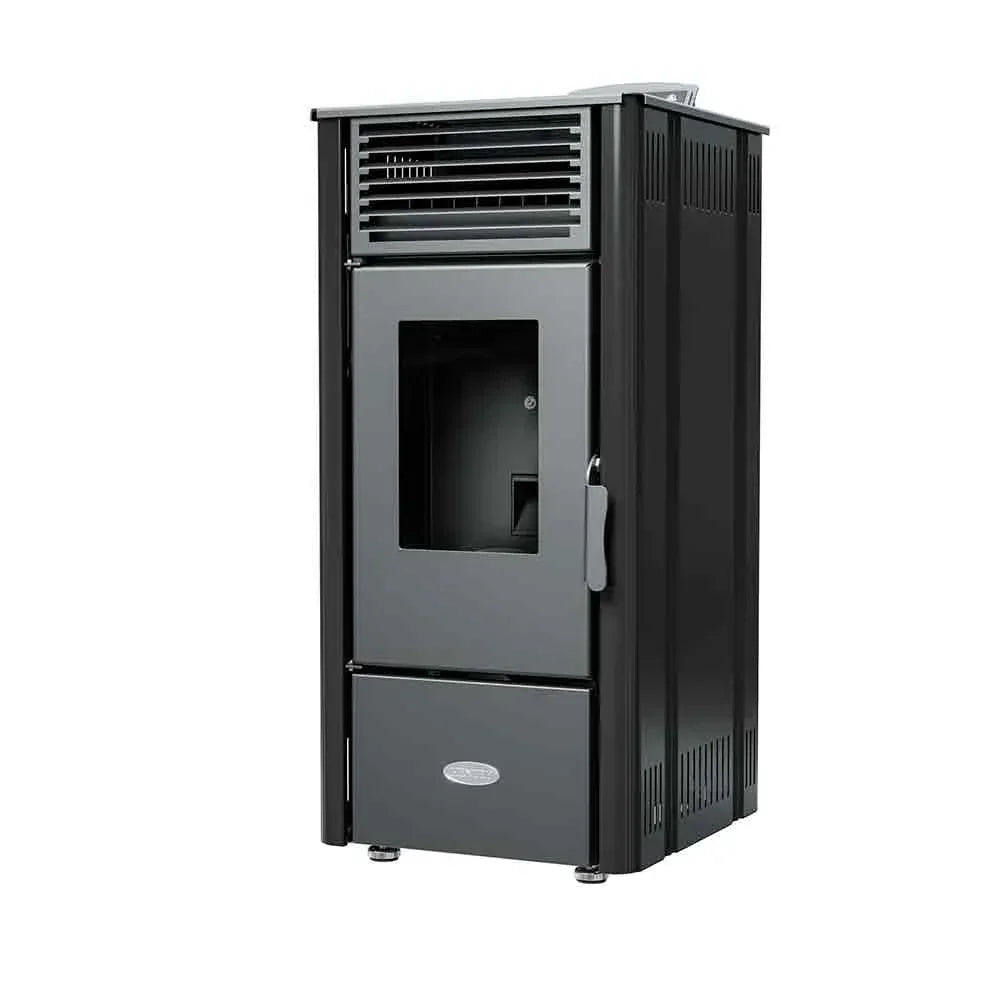 8kw freestanding black pellet stove with front panel and visible handle, right side view
