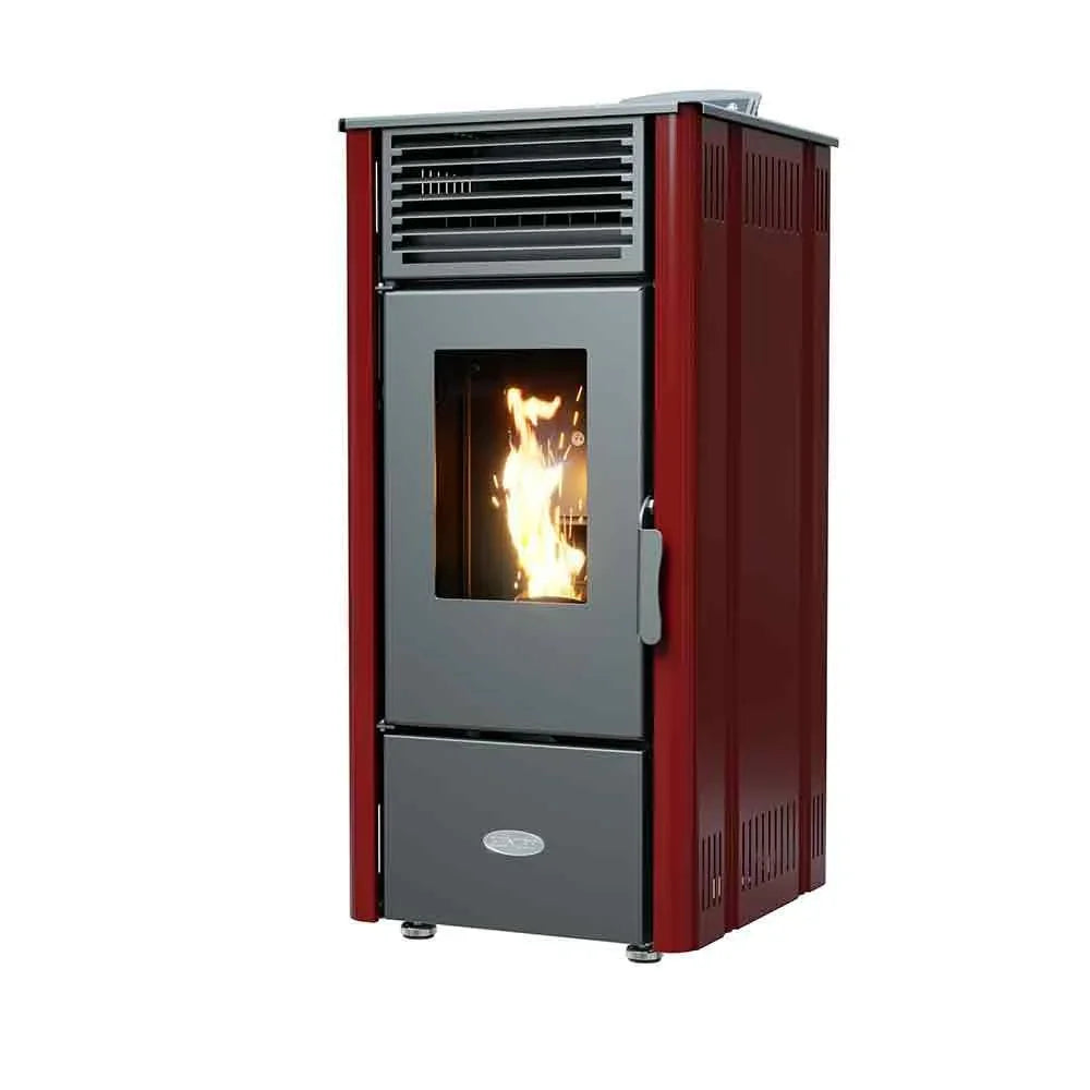 Red freestanding pellet stove with front glass door showing burning flame, right side view