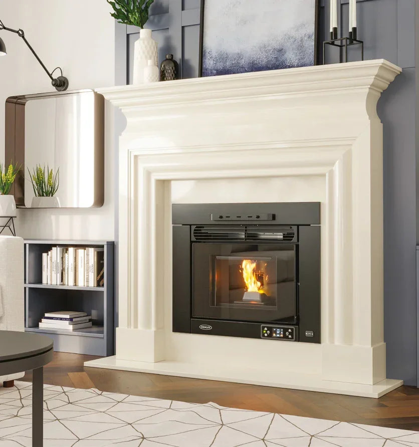 Black elm pellet stove set in cream fireplace surround in modern living room