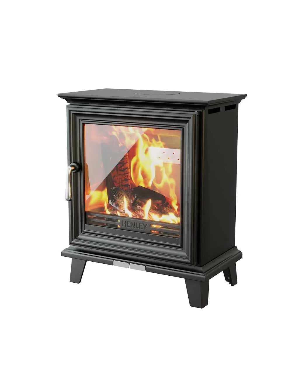 Black wood burning stove with glass door and visible flames, freestanding design