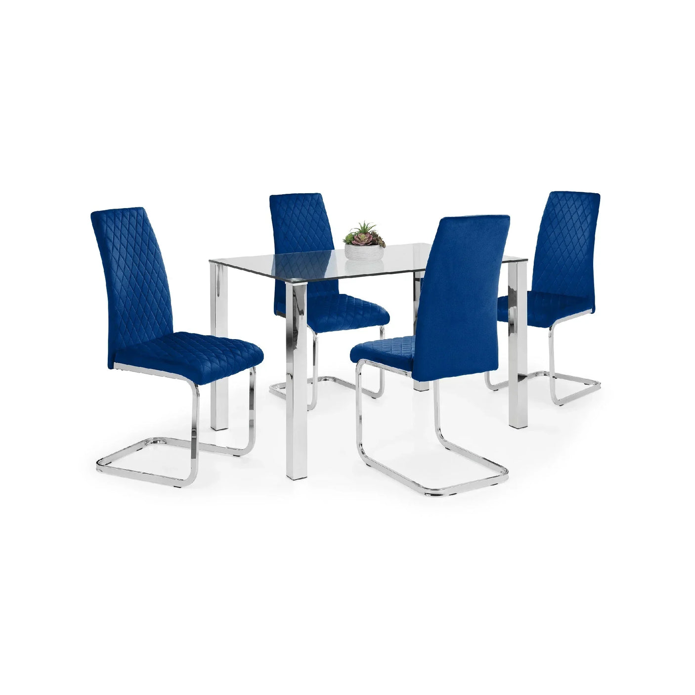 Glass dining table with chrome legs and four blue velvet dining chairs