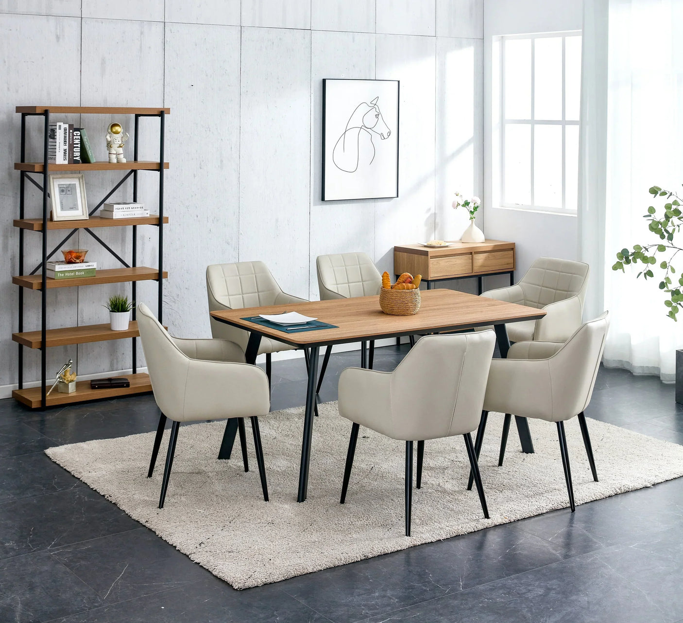 Oak dining table with six taupe Branca chairs on rug in modern dining room